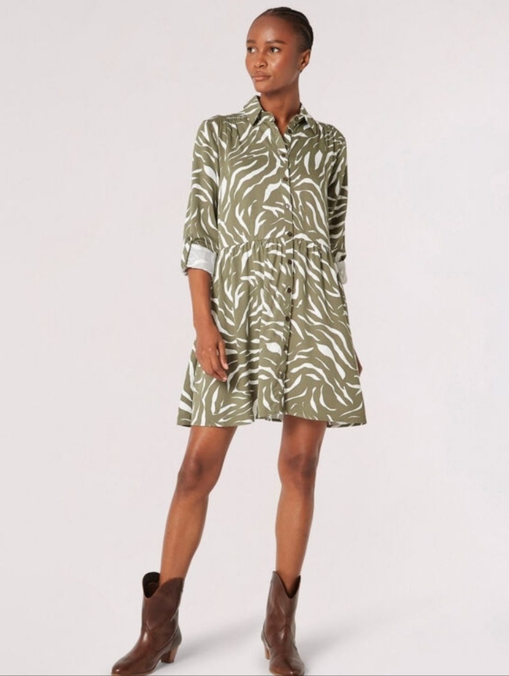 NWT Apricot Olive Green Zebra Print Midi Dress Button Front Tiered Boho Chic